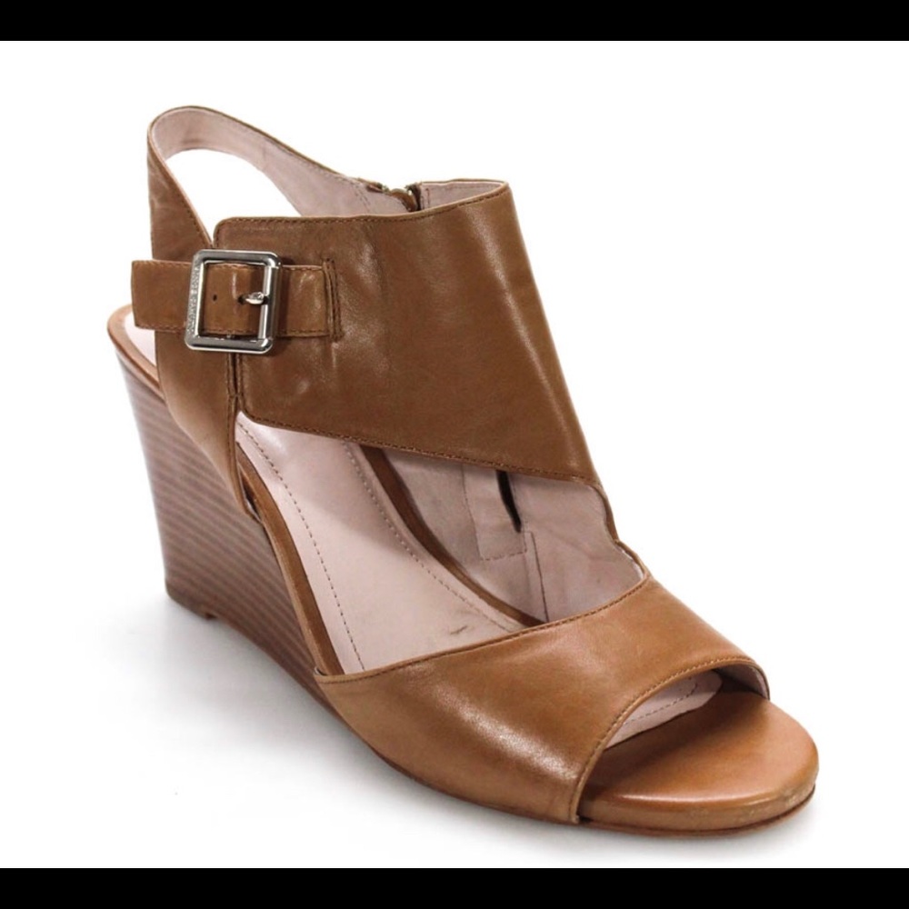 Vince Camuto stacked wedge leather heels with gold buckle